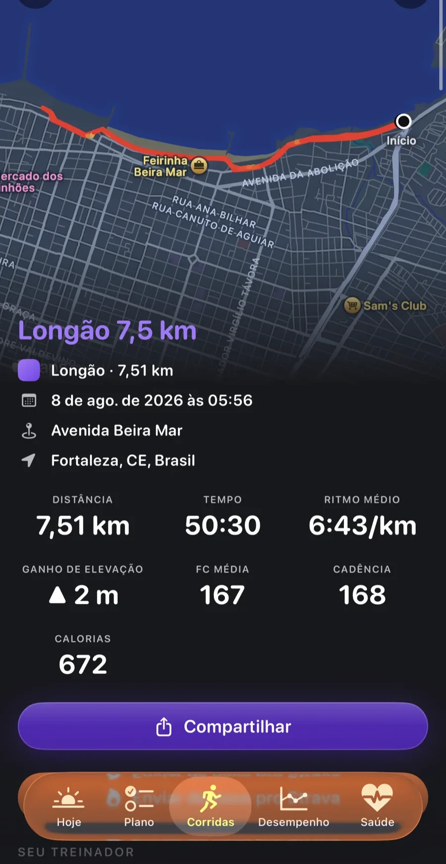 Análise de uma corrida no ZunaRun: mapa do trajeto, 7,51 km em 50:30, ritmo médio de 6:43/km, FC média 167 e cadência 168