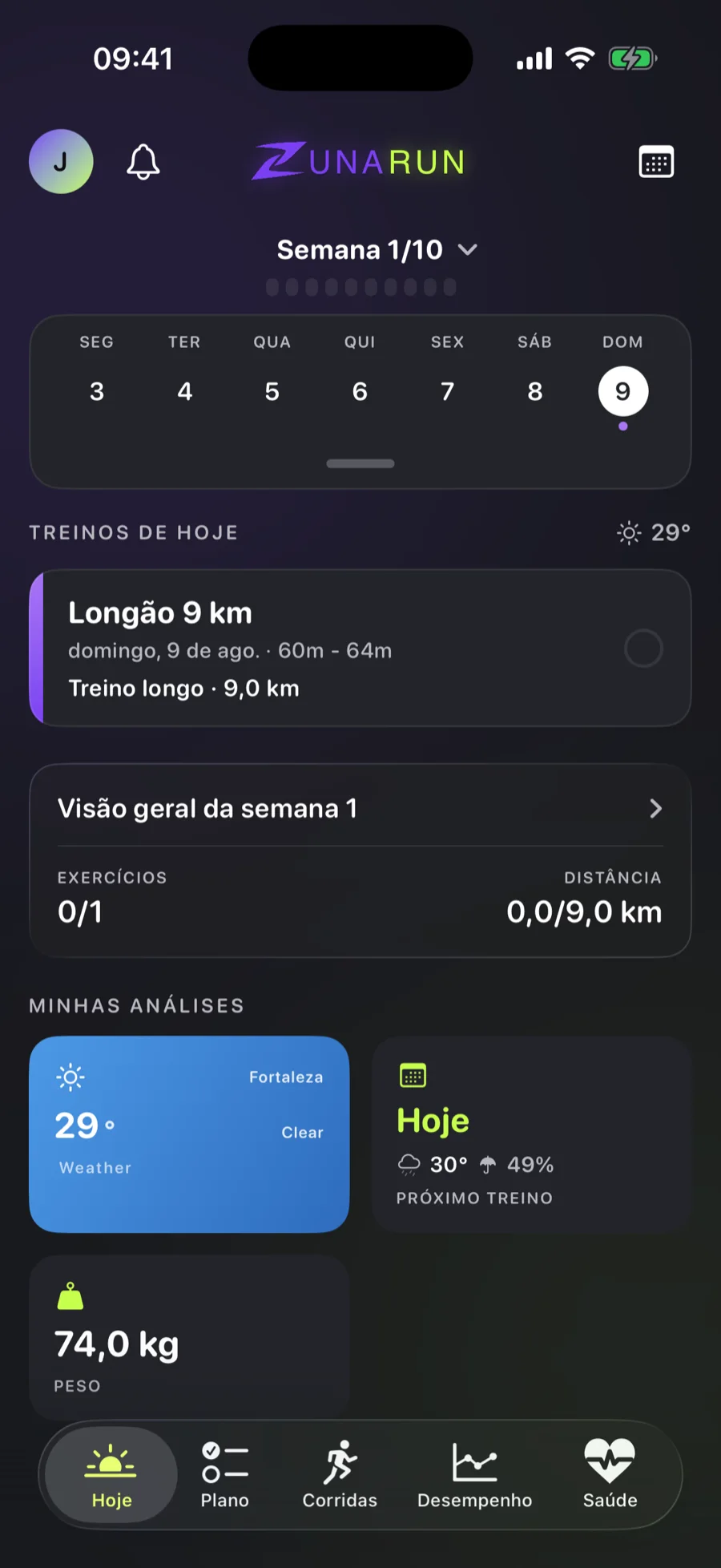 Tela Hoje do ZunaRun no iPhone: semana 1 de 10, longão de 9 km e o clima do treino