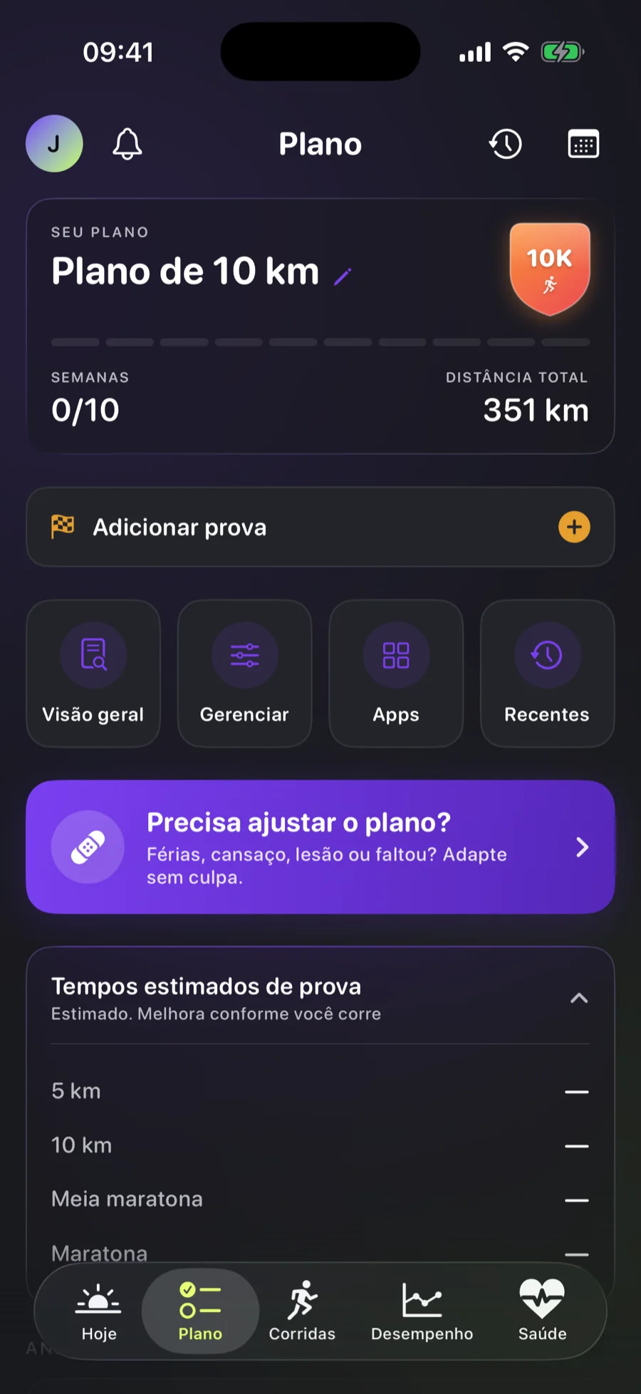 Tela Plano do ZunaRun: plano de 10 km com 10 semanas e 351 km no total