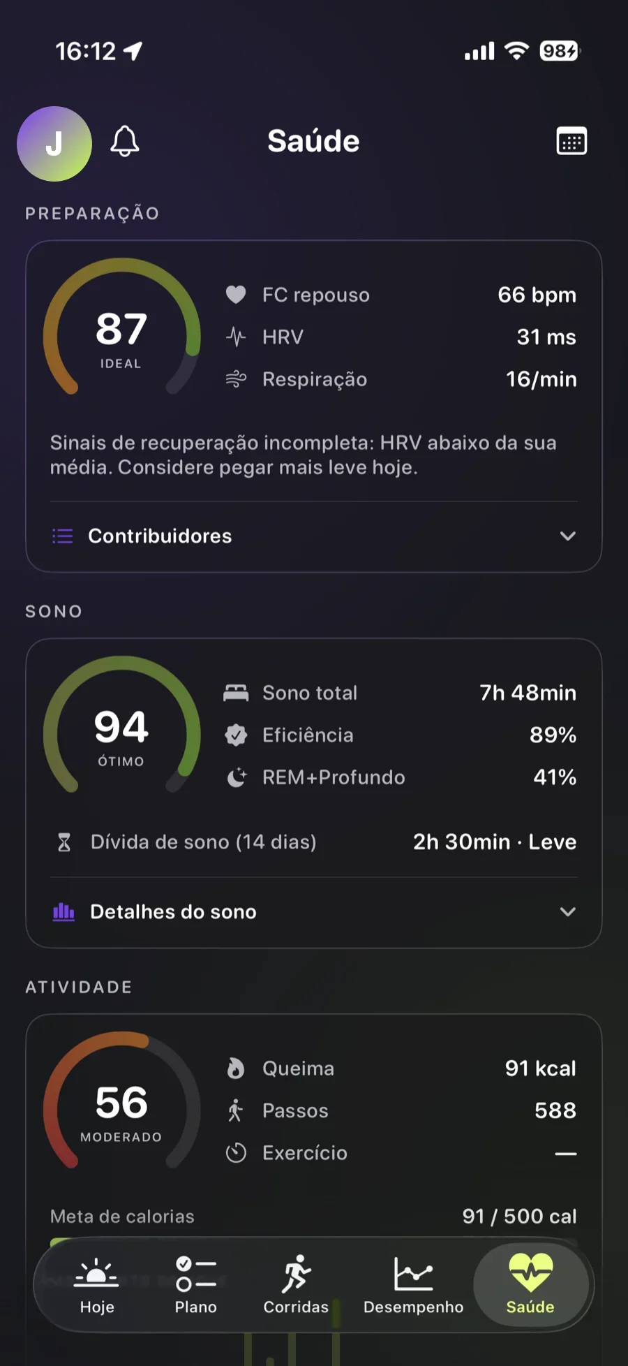 Tela Saúde do ZunaRun: preparação do dia em 87, com FC de repouso, variabilidade, respiração e a leitura do sono