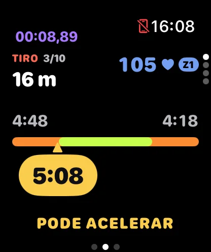 Medidor de ritmo no Apple Watch, mostrando a faixa alvo do tiro