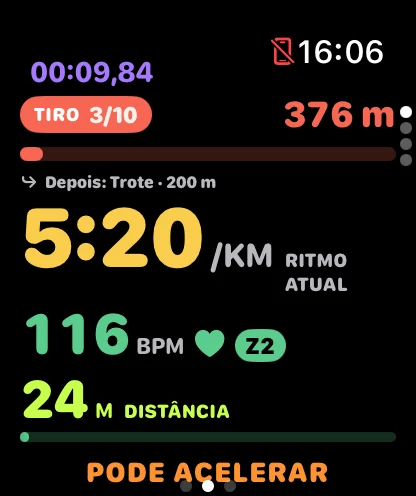 Corrida ao vivo no Apple Watch: tiro 3 de 10, ritmo, frequência cardíaca e distância